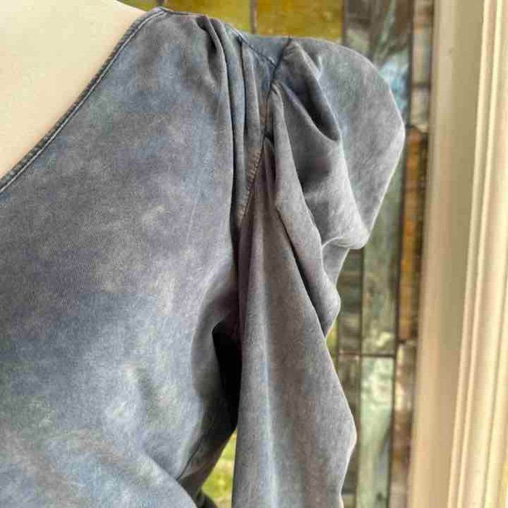 7 for all Mankind Blue Top with Pleated Puff Sleeves